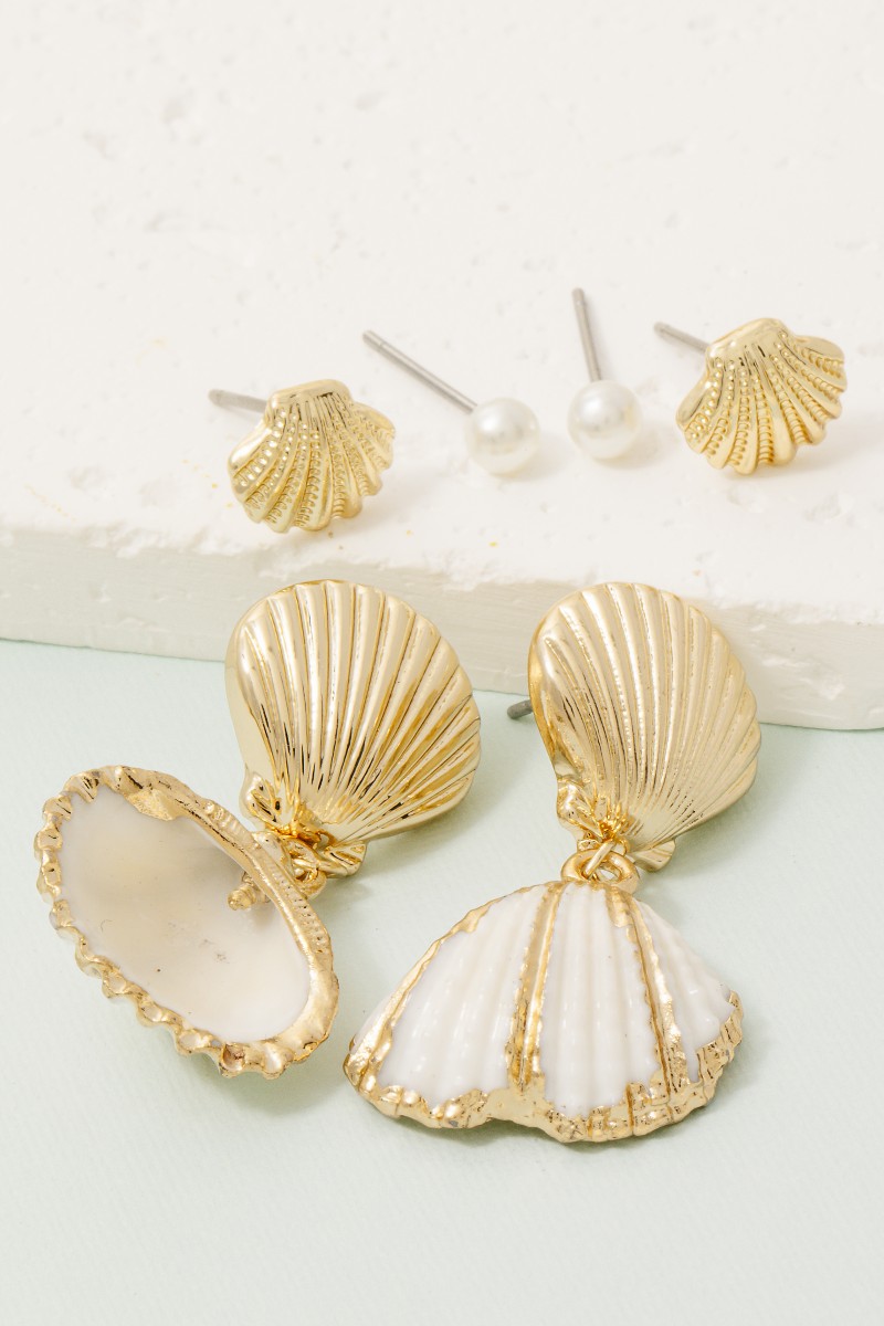 Pearl And Mixed Clam Shell Charms Sea Life Stud Earrings