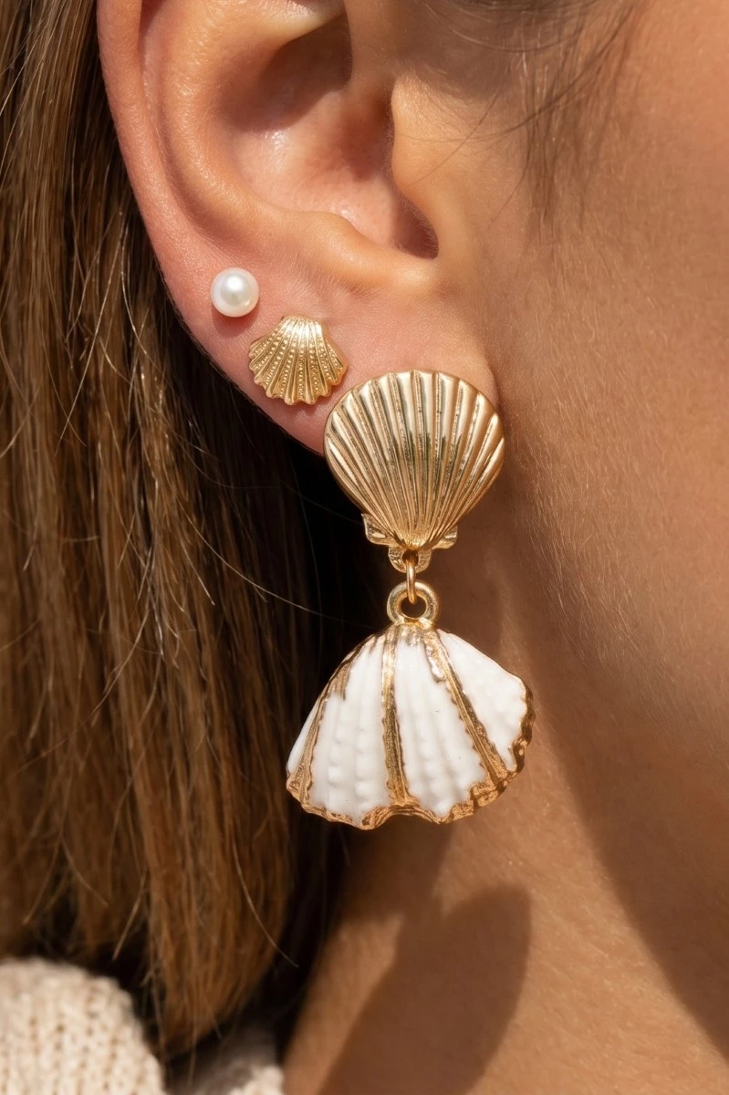 Pearl And Mixed Clam Shell Charms Sea Life Stud Earrings