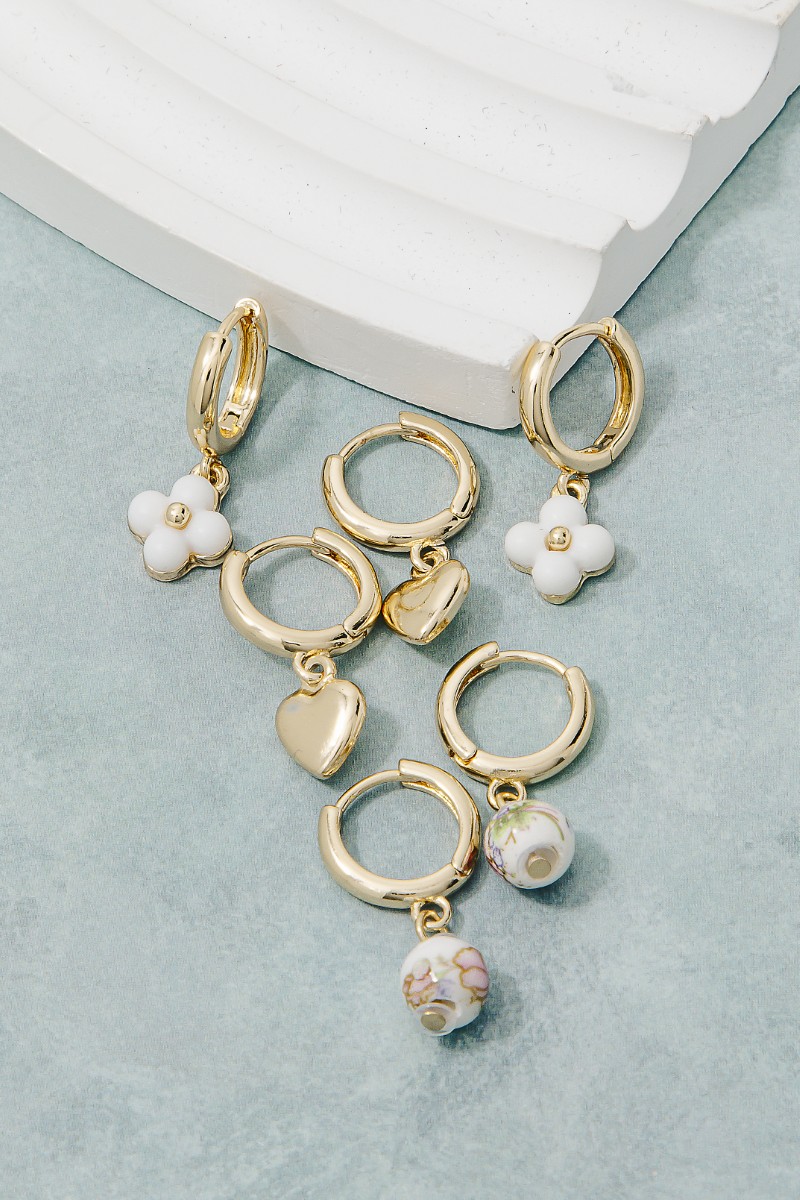 Ceramic Floral Bead Clover And Heart Hoop Earrings Set