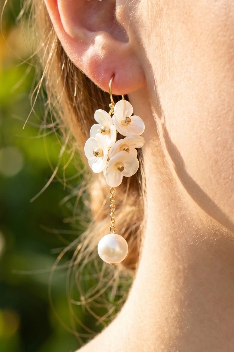 Pearl And Flower Cluster Chain Dangle Earrings