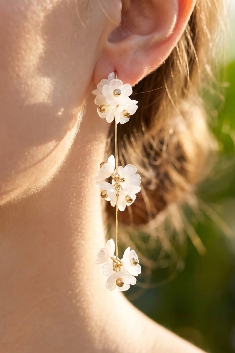 Triple Flower Cluster Long Dangle Earrings