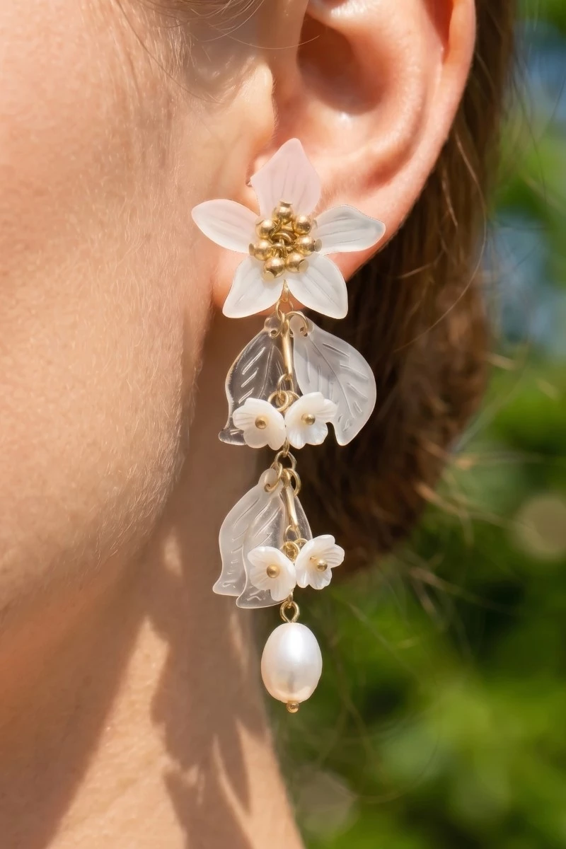 Flower And Pearls Long Chain Dangle Earrings