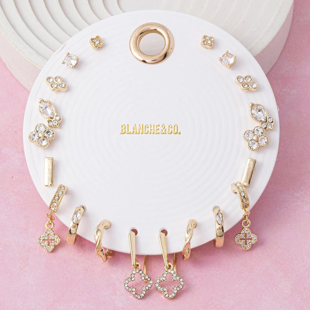 Cz Clover Charm Huggie Ten Pair Earring Set