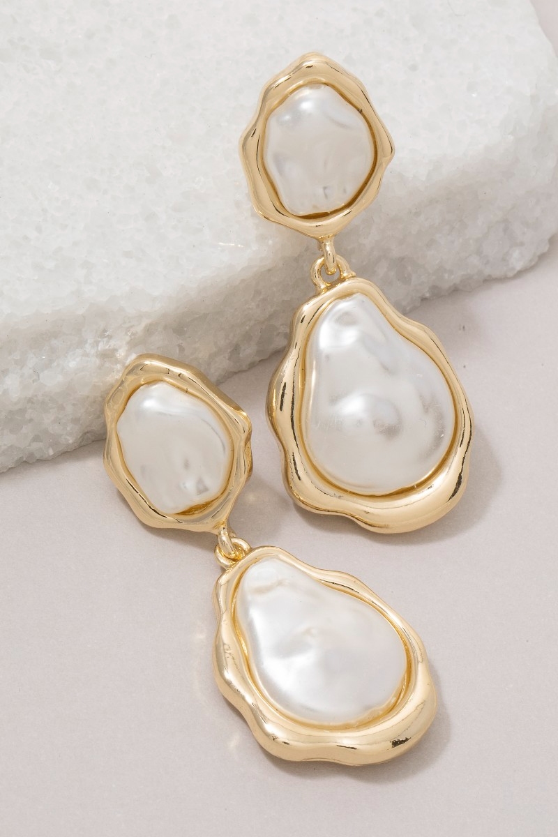 Ornate Shape Double Pearl Drop Earrings