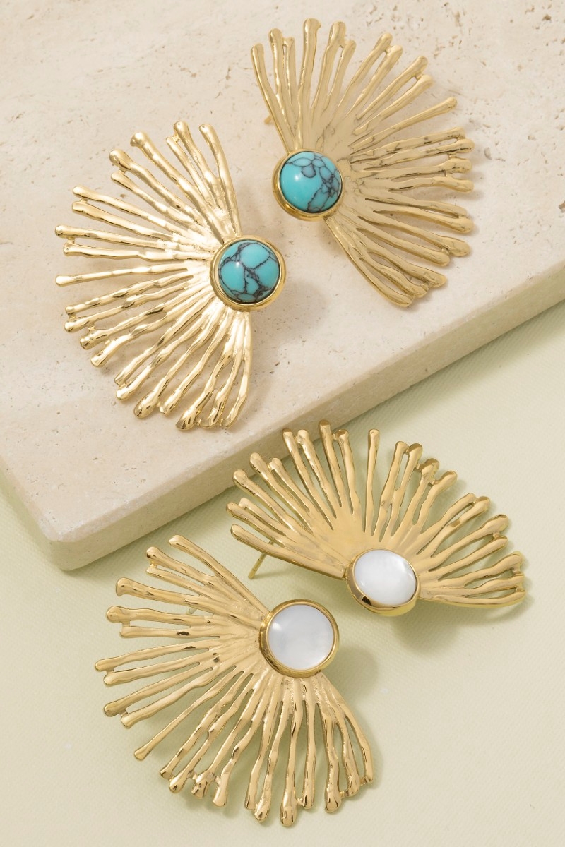 Stainless Steel Stone Center Fan Statement Earrings