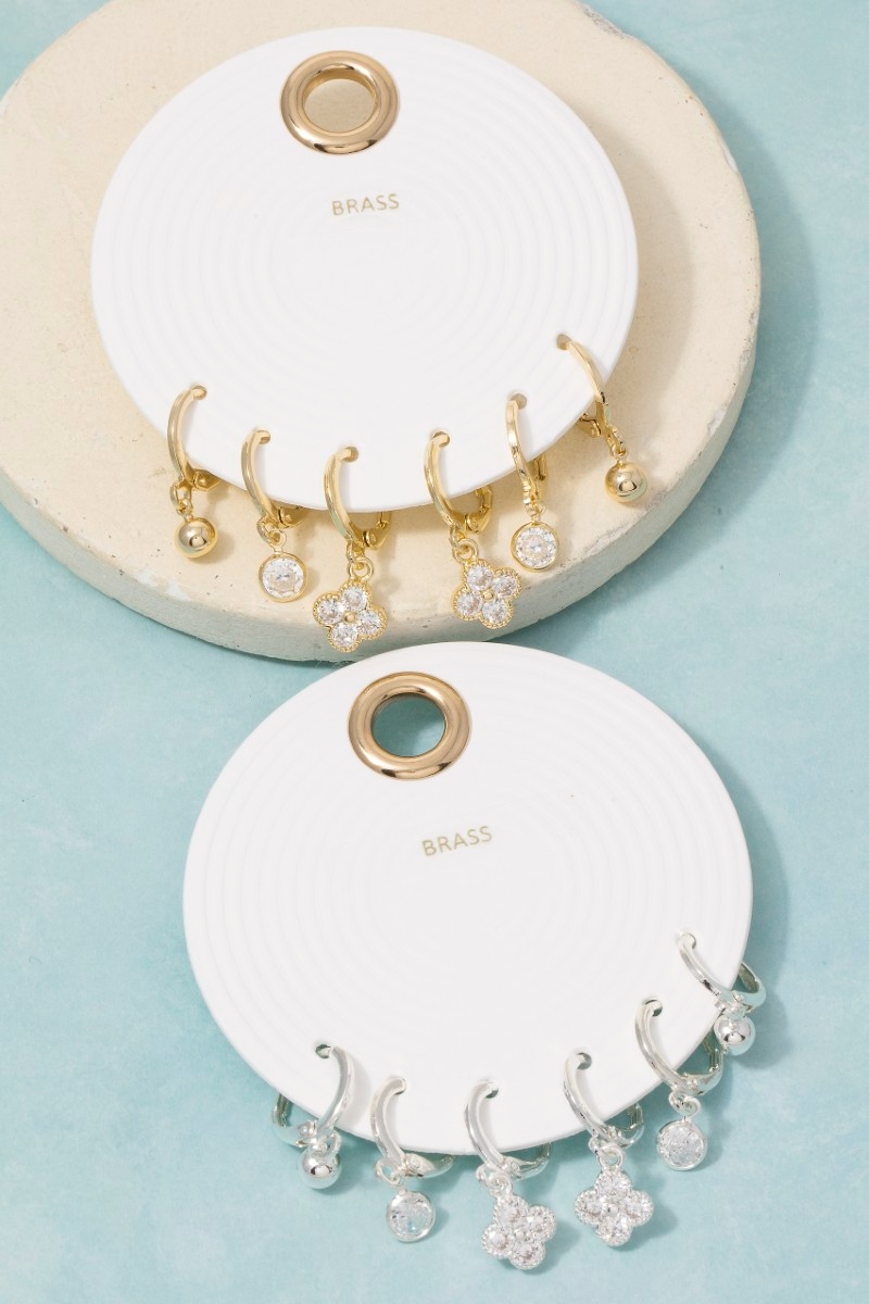 Cz Clover And Ball Charm Hoop Earring Set