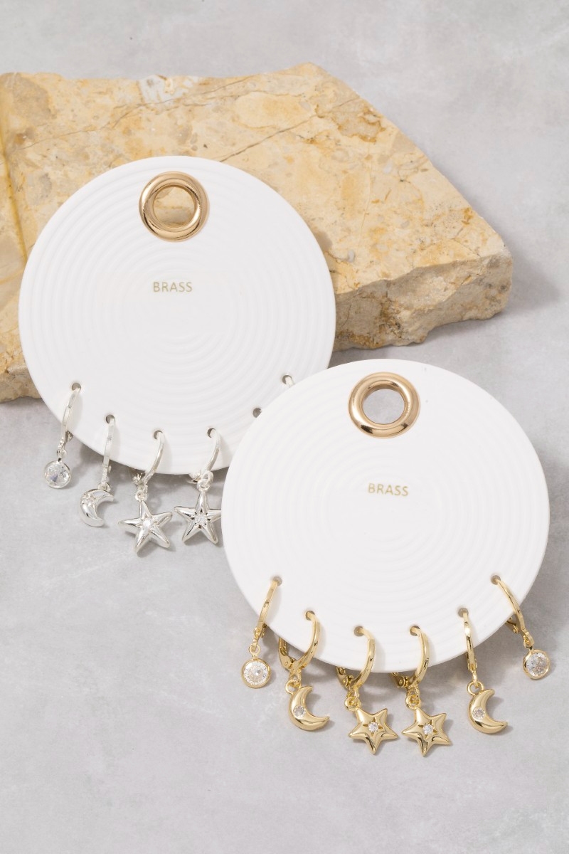 Cz Moon Star Charm Hoop Earring Set