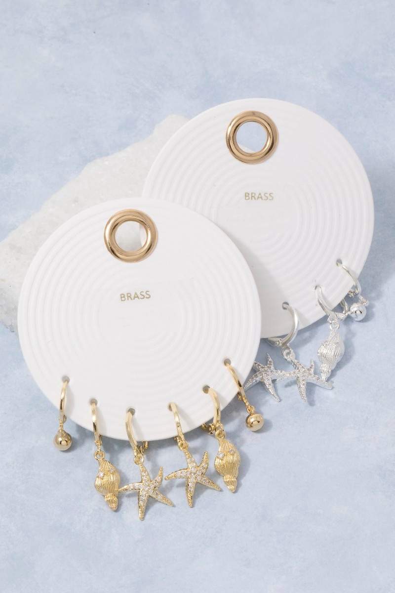 Cz Starfish Shell Charm Hoop Earring Set