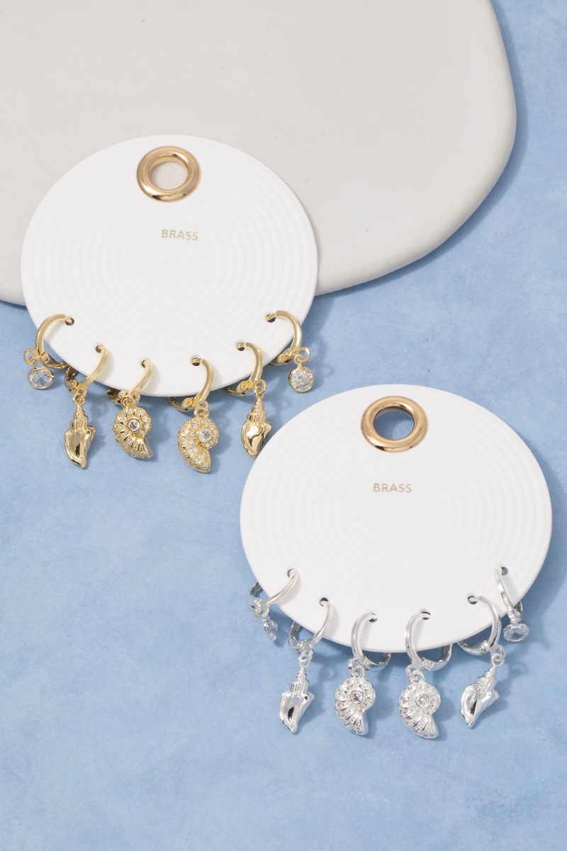 Cz Hamsa And Shell Charm Hoop Earring Set