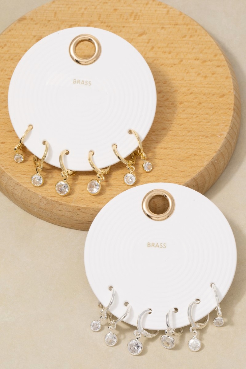 Cz Bezel Drop Charm Hoop Earring Set