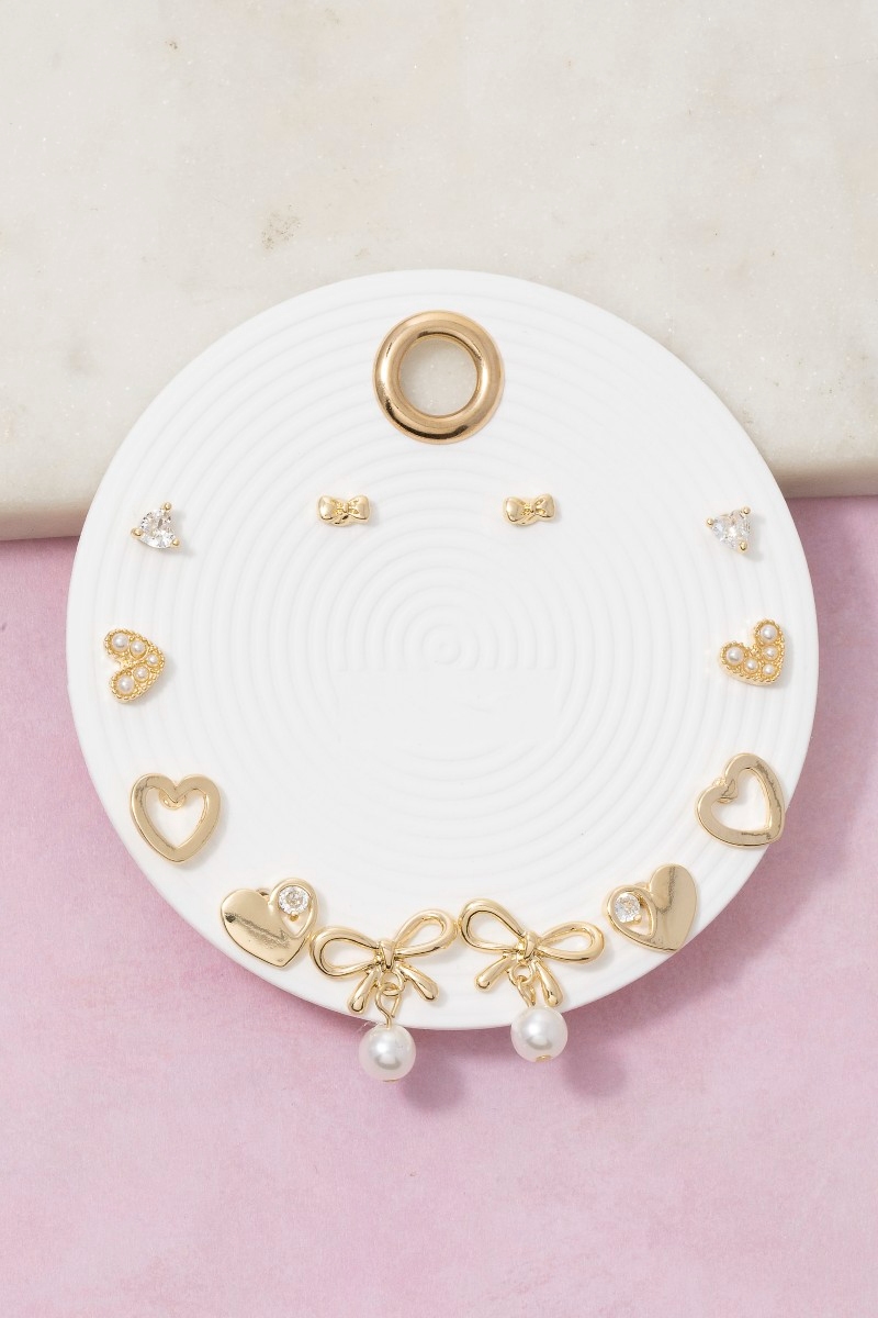 Heart Bow Pearl 5 Pair Earring Set