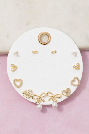 Heart Bow Pearl 5 Pair Earring Set