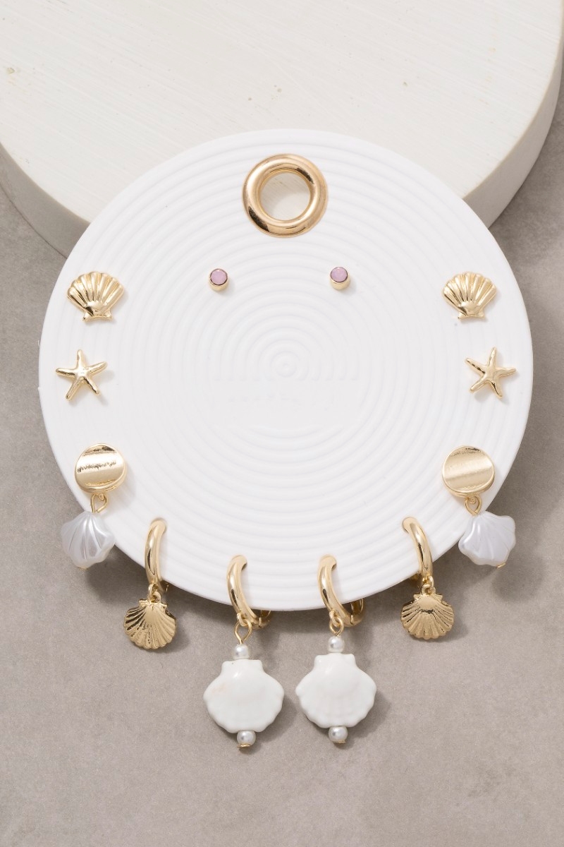 Gold Seashell Starfish Charm Earring Set