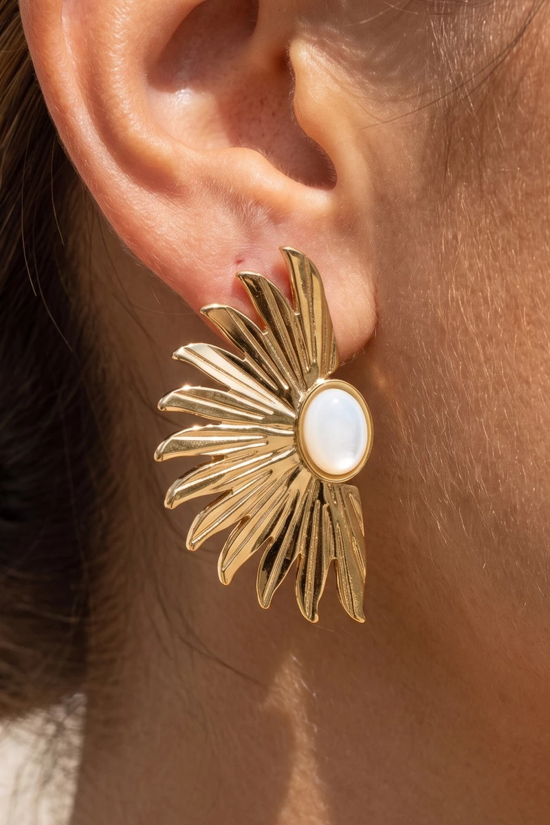 Mother Of Pearl Sunburst Fan Stud Earrings