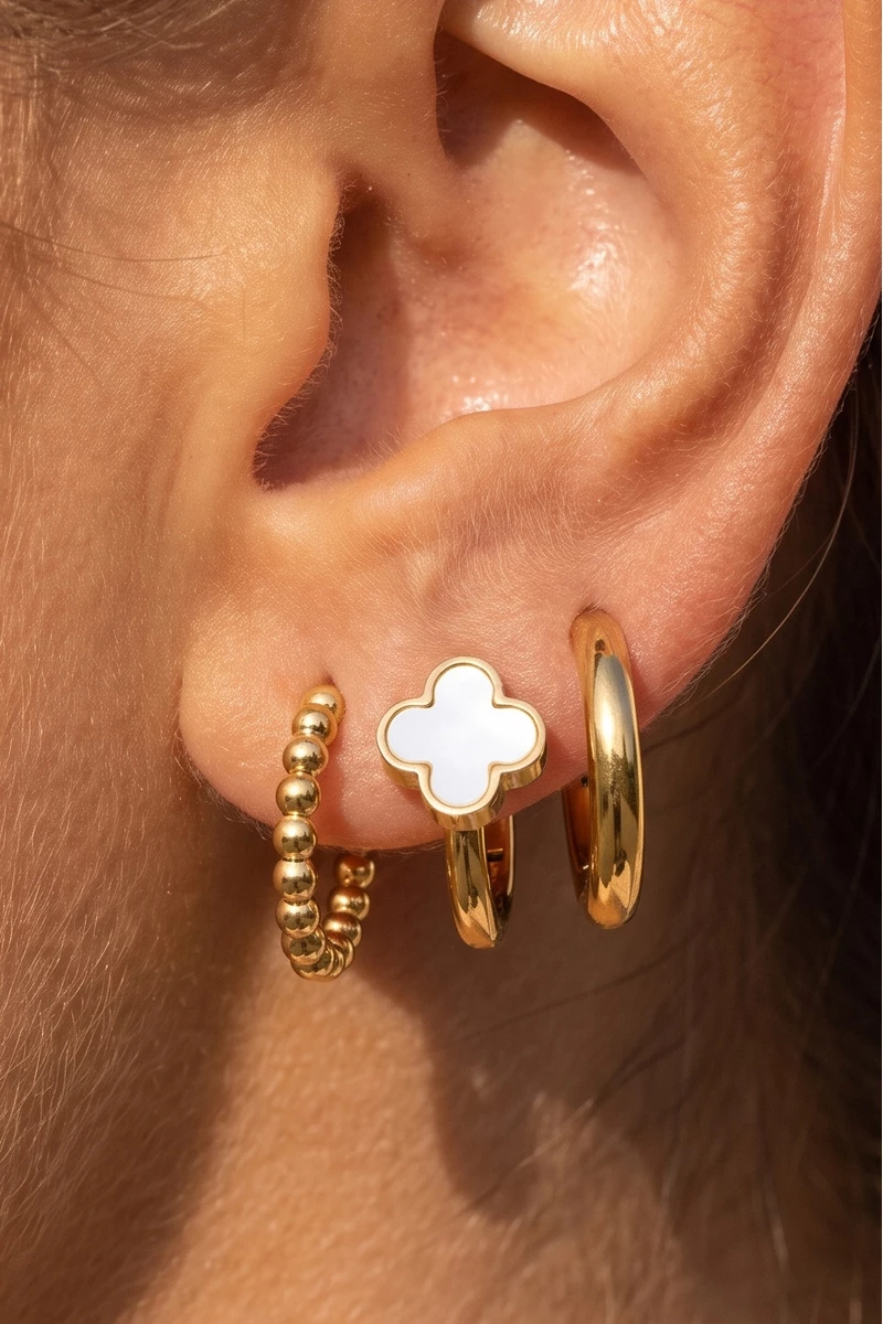 Stainless Steel Clover And Hoop Earrings Set