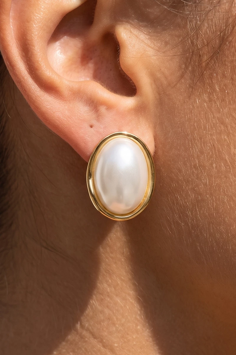 Domed Pearl Oval Bezel Stud Earrings