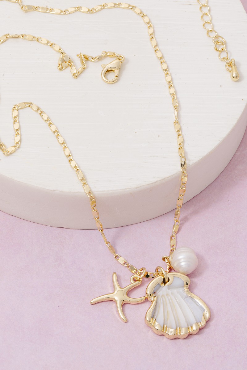 Starfish Clam Shell And Pearl Charms Chain Necklace