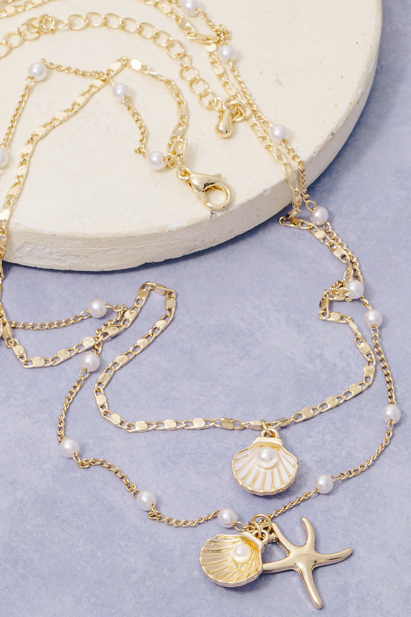 Starfish And Clam Shell Charms Layered Chains Necklace
