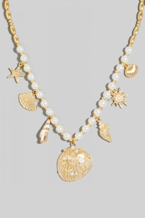 Sea Shell Charms Pearl Beaded Chain Necklace