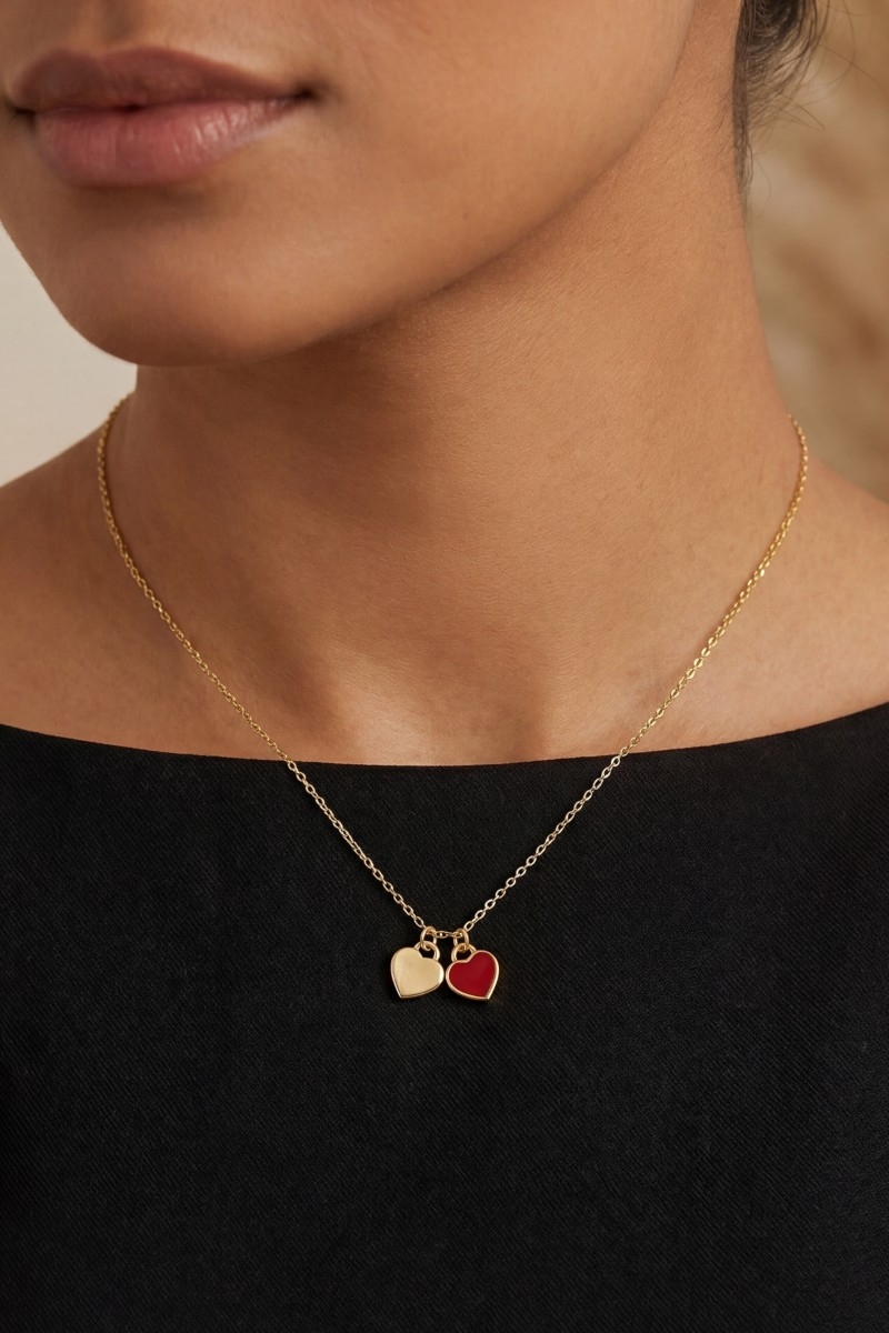 Gold Dipped And Enamel Heart Pendants Necklace