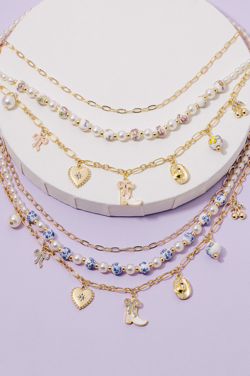 Western Heart Charms Floral Ceramic Beaded Necklace