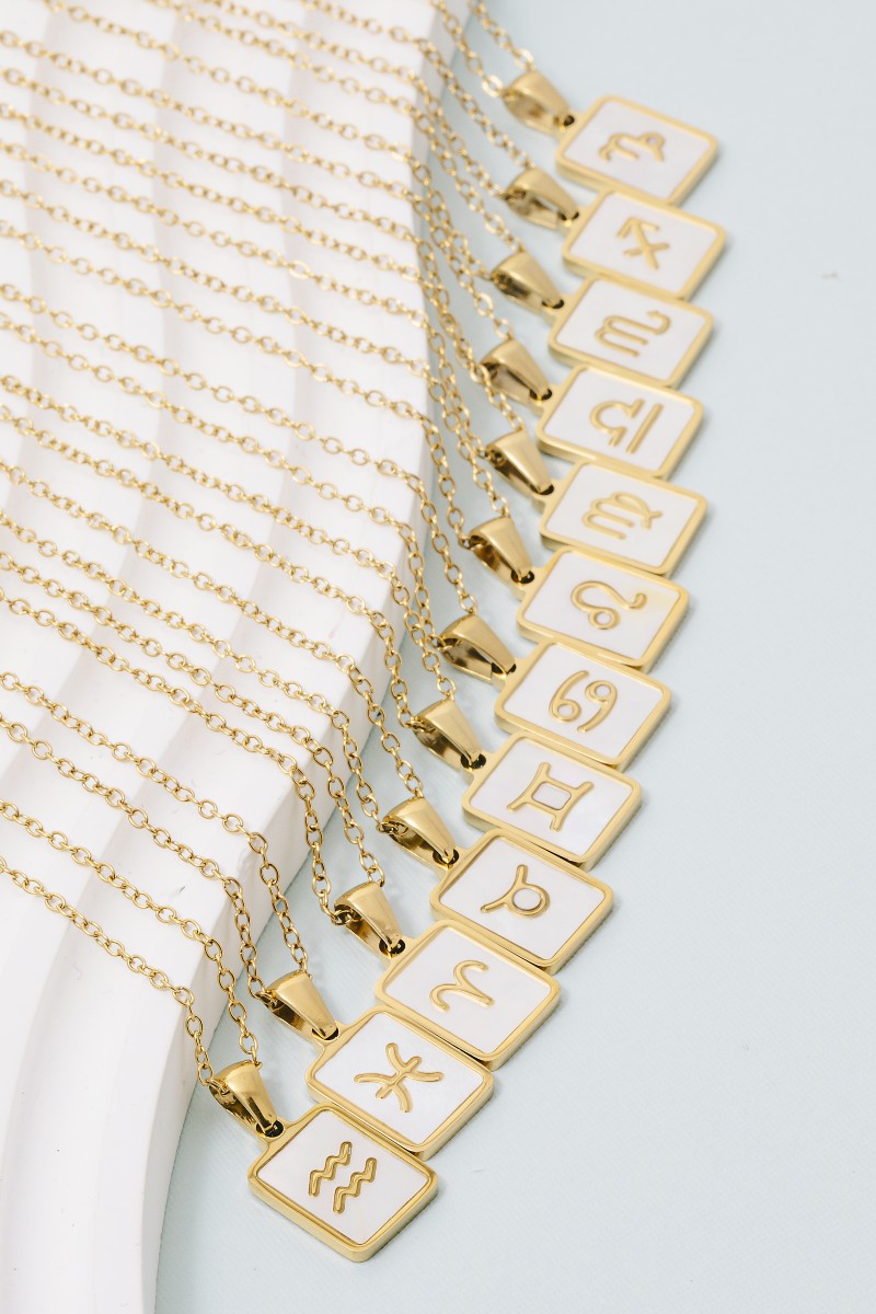 Stainless Steel Mother Of Pearl Square Zodiac Pendant Necklace