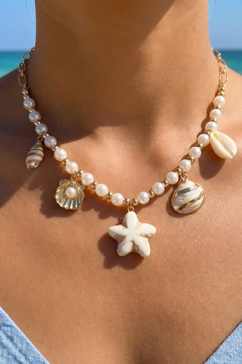 Sea Life Charms And Pearl Beads Chain Necklace