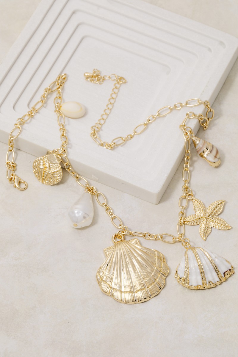 Pearl And Sea Life Shell Charms Chain Necklace
