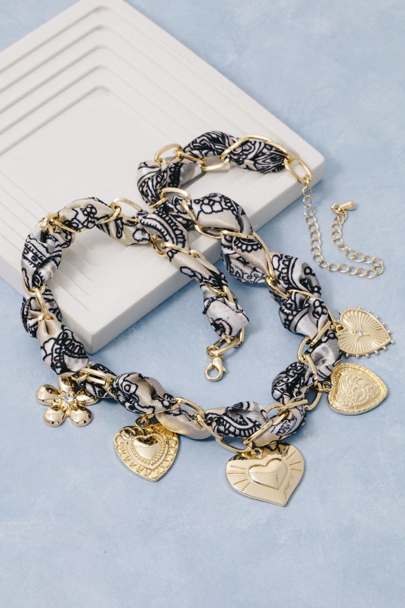 Assorted Heart And Flower Charms Chain Bandana Braided Necklace