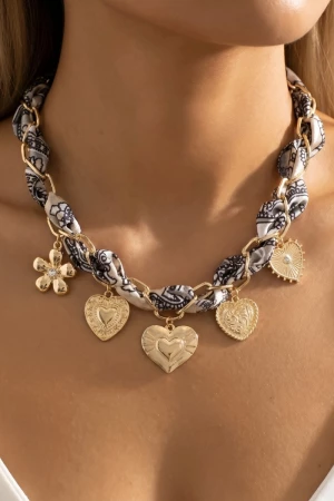 Assorted Heart And Flower Charms Bandana Braided Necklace