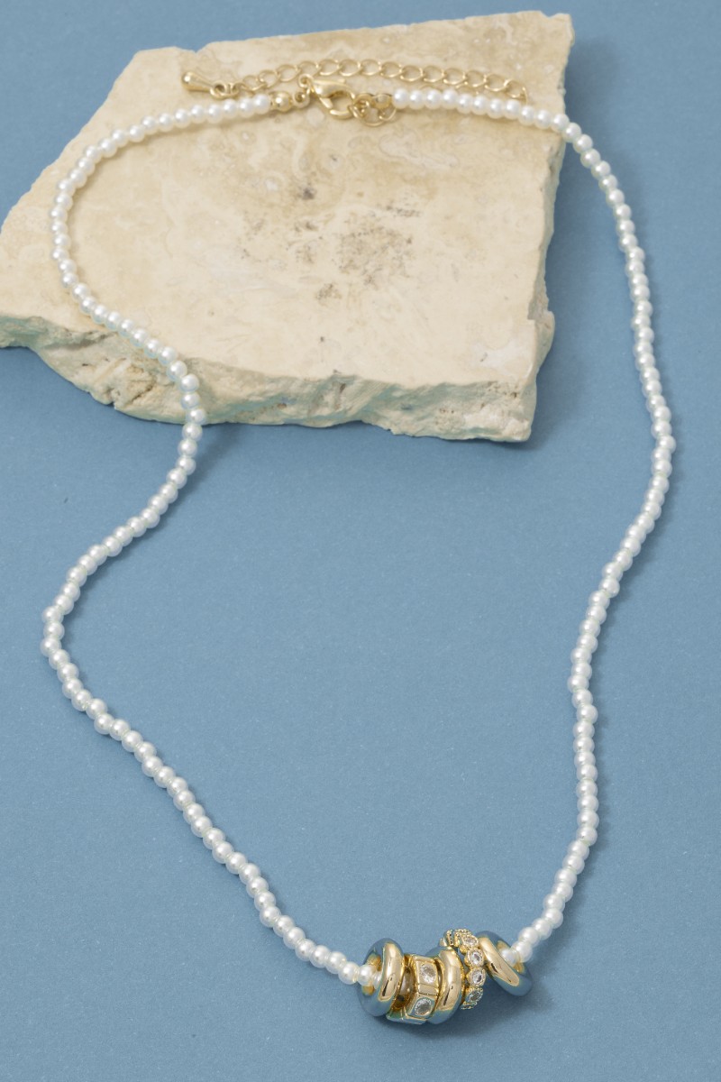 Mixed Ring Charms Pearl Beaded Necklace