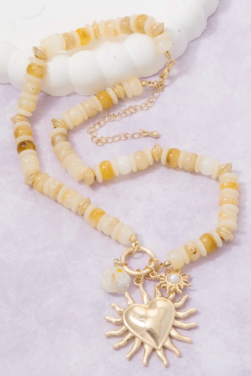 Flaming Heart And Stone Pendants Beaded Necklace