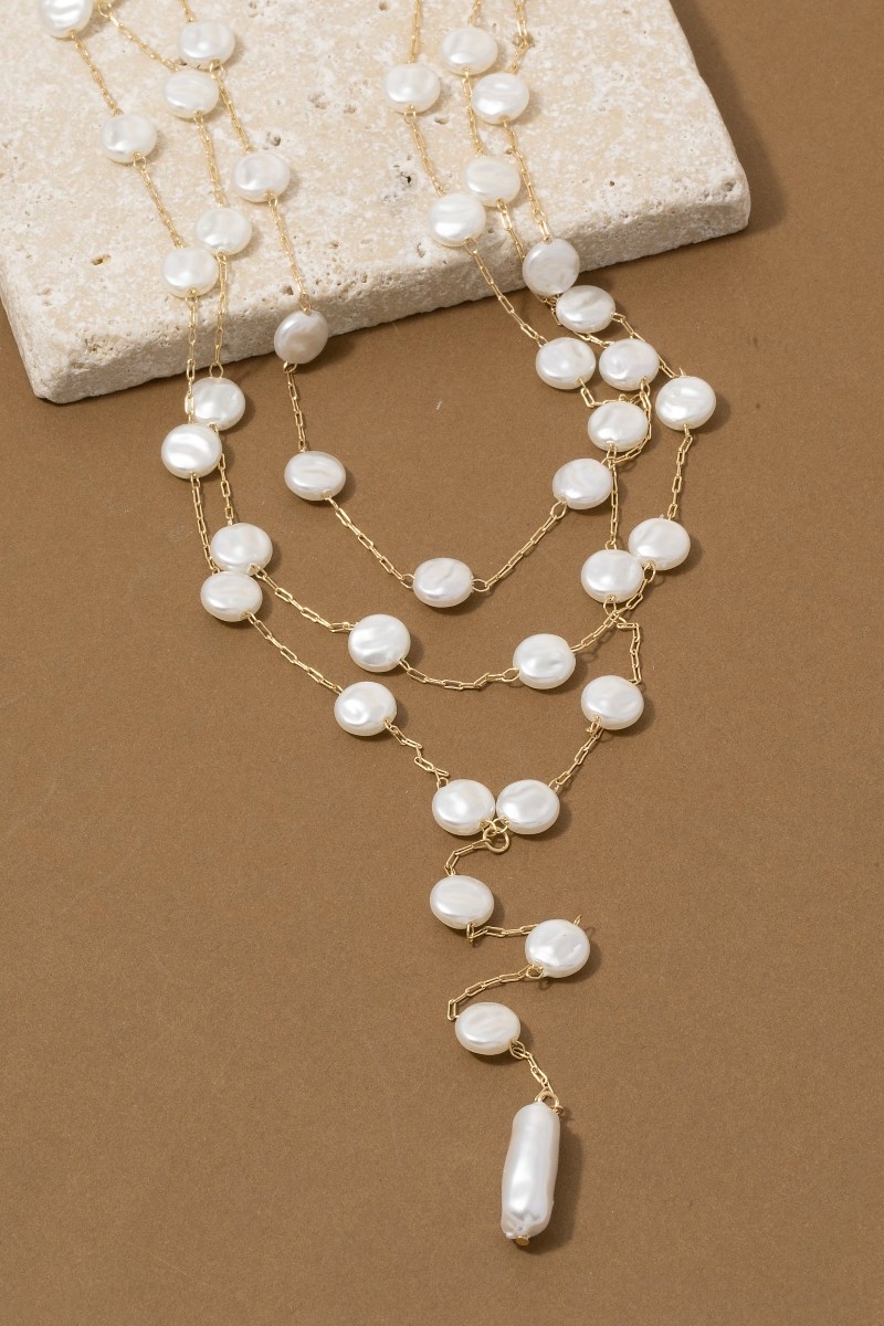 Triple Layer Coin Pearl Lariat Necklace