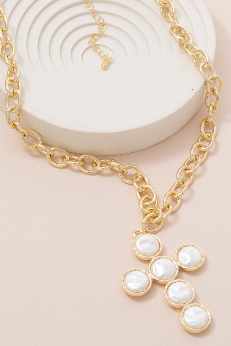 Pearl Discs Cross Pendant Necklace