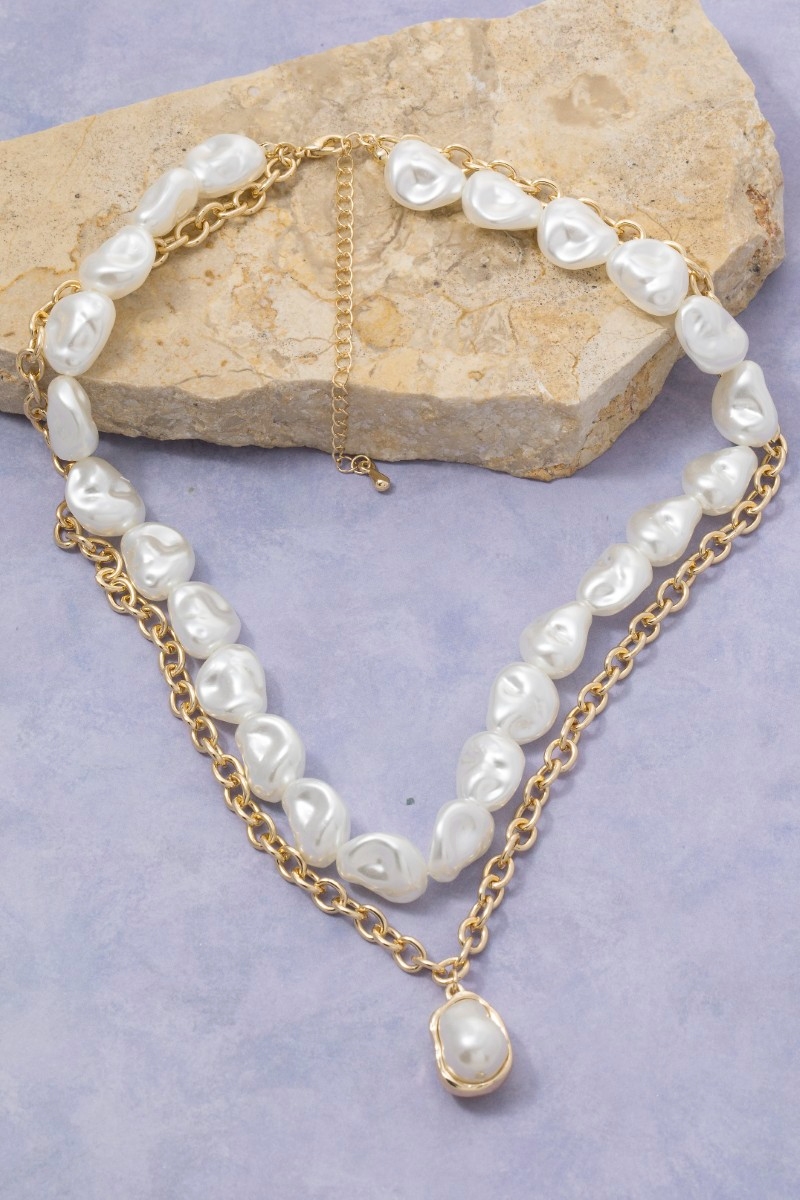 Layered Pearl Beaded Chain Pearl Pendant Necklace