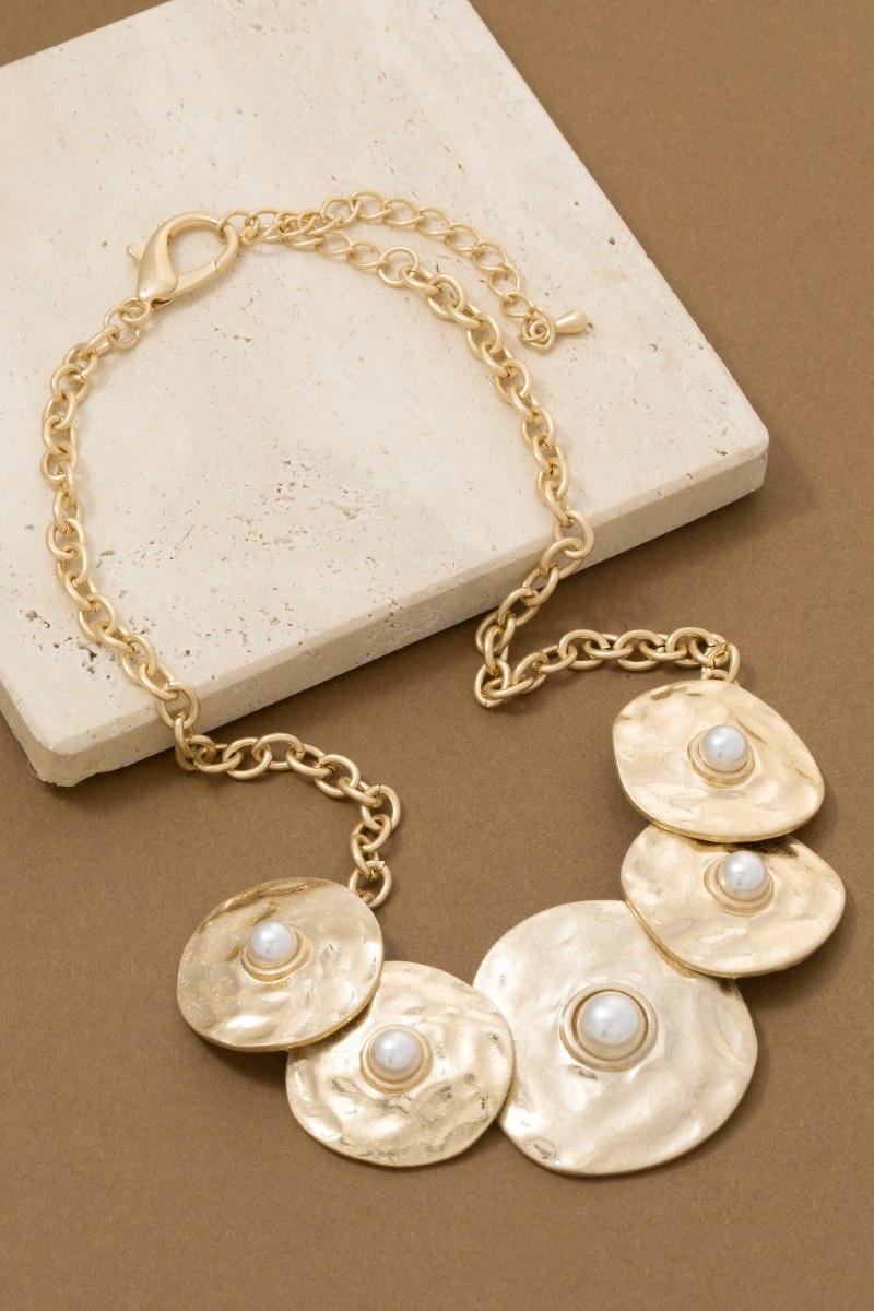 Chunky Hammered Disc With Pearl Statement Necklace