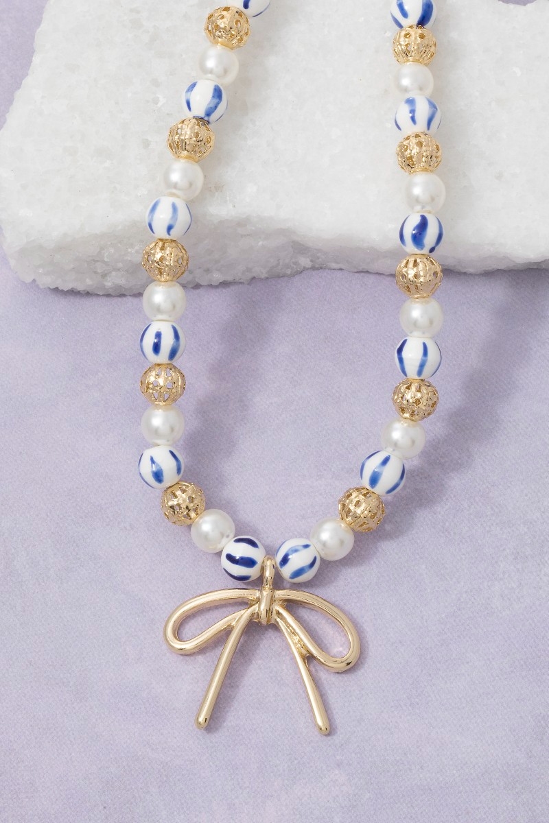 Blue Bead Pearl Bow Pendant Necklace