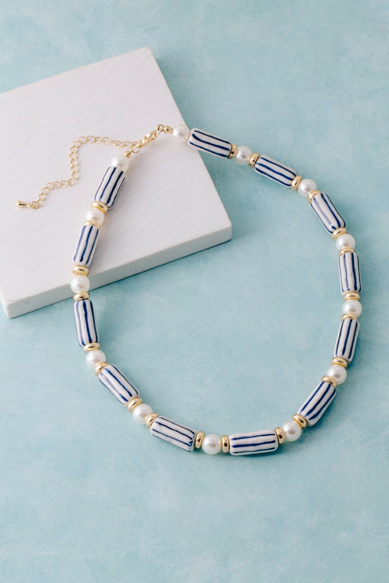 Pearl And Striped Ceramic Beads Necklace