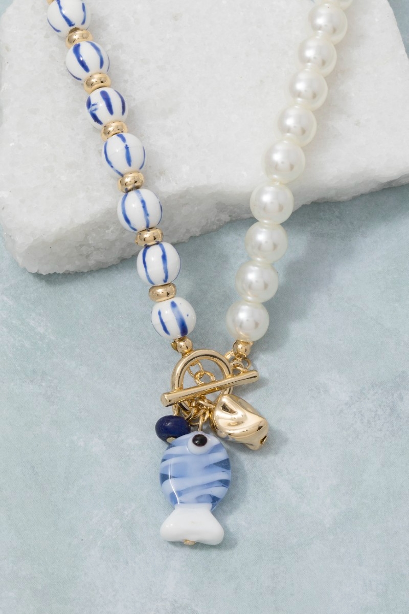 Blue Stripe Pearl Toggle Fish Pendant Necklace