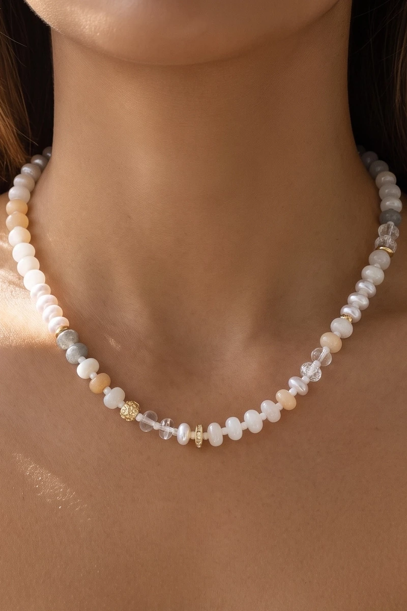 Semi Precious Stone And Pearl Beaded Necklace