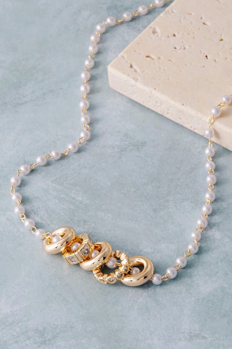 Pearl Chain Ring Cluster Charm Necklace