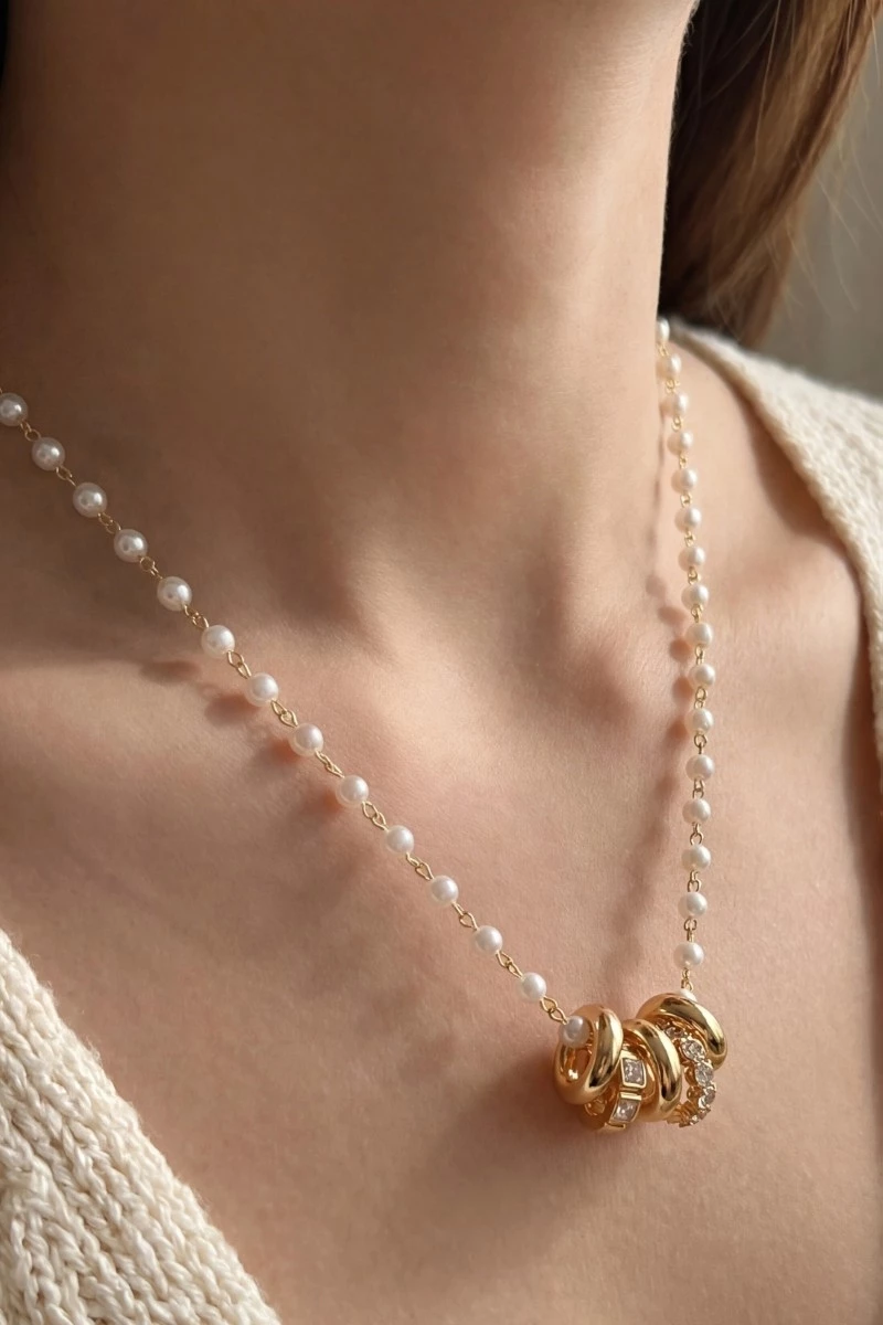 Pearl Chain Ring Cluster Charm Necklace