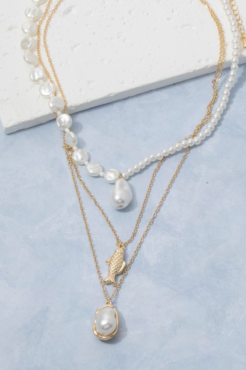 Layered Pearl Chain Fish Pendant Necklace
