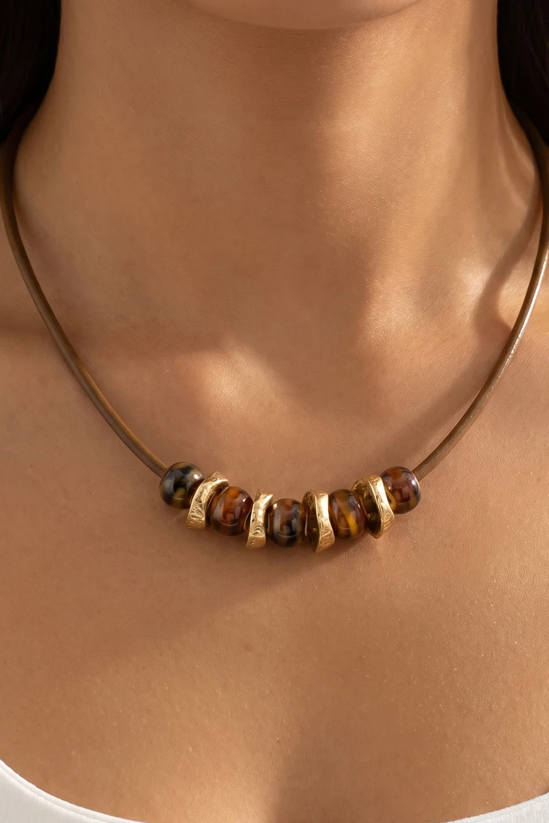 Ceramic Bead And Disc Leather Cord Necklace