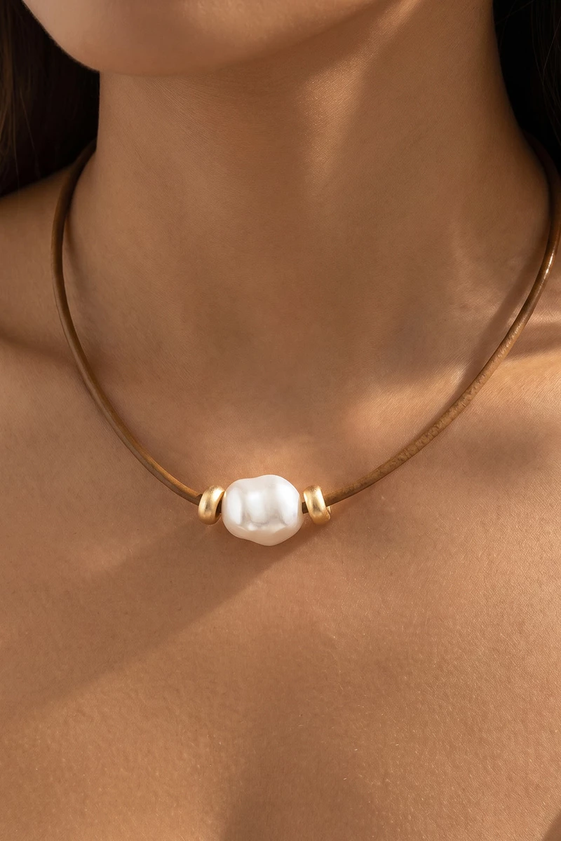 Leather Cord Baroque Pearl Station Necklace