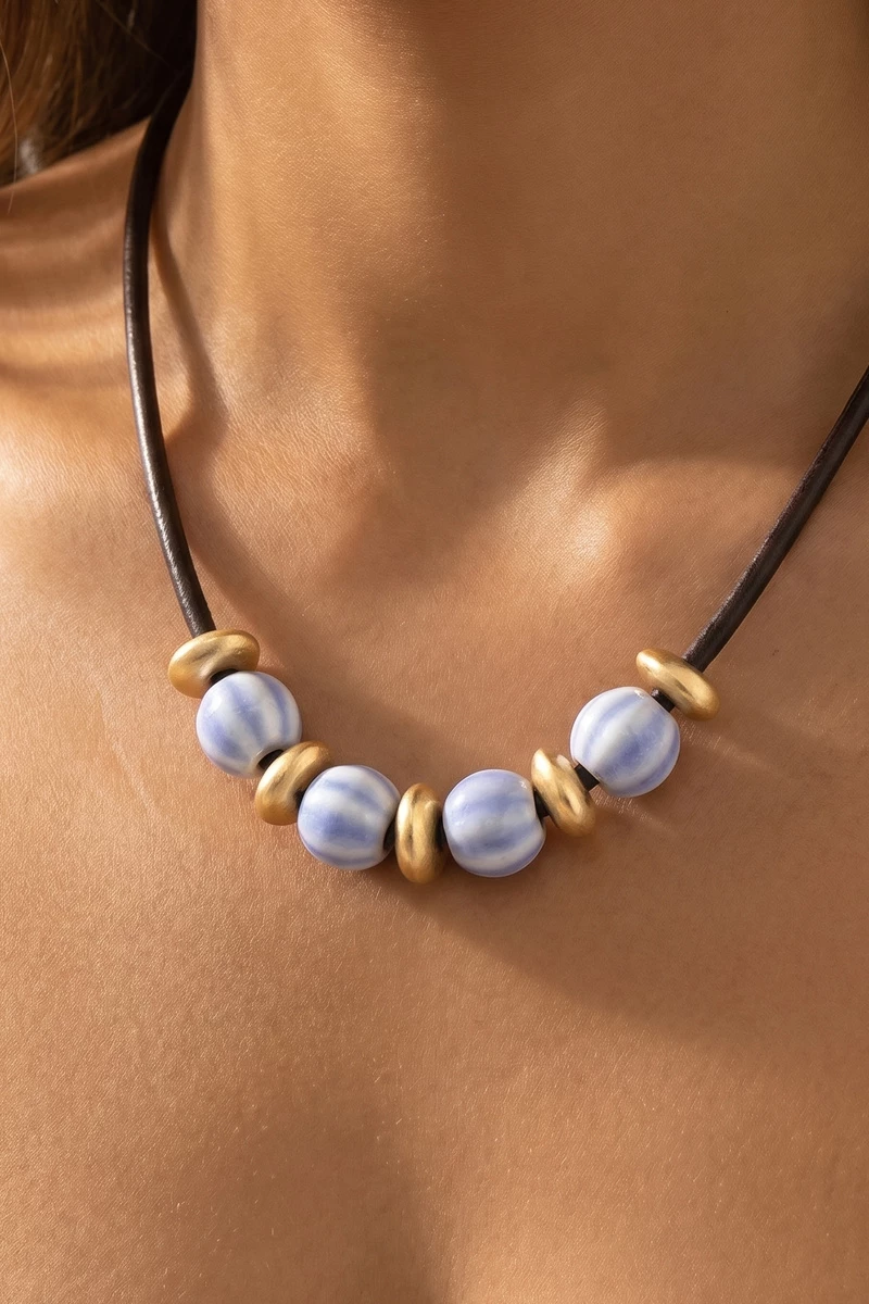 Leather Cord Striped Ceramic Bead Necklace