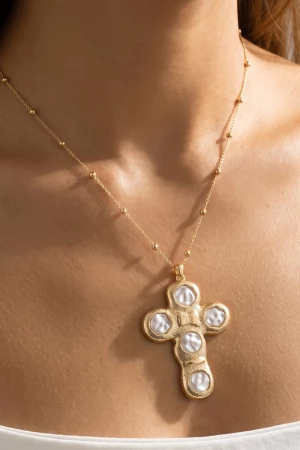 Round Pearl Inlay Cross Pendant Necklace