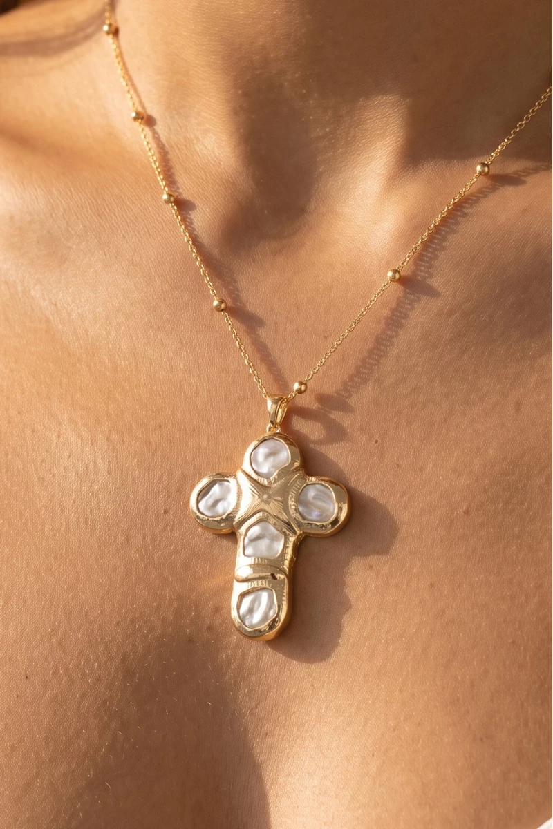Sculpted Pearl Cross Bead Station Necklace