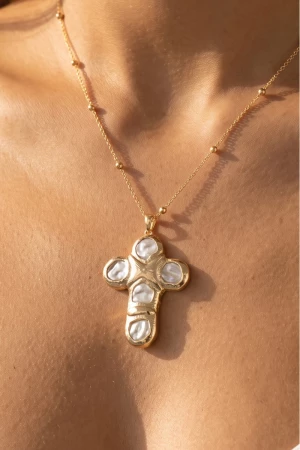 Sculpted Pearl Cross Bead Station Necklace