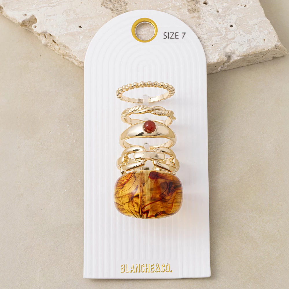 Tortoise Dome Horsebit Link Five Piece Ring Set